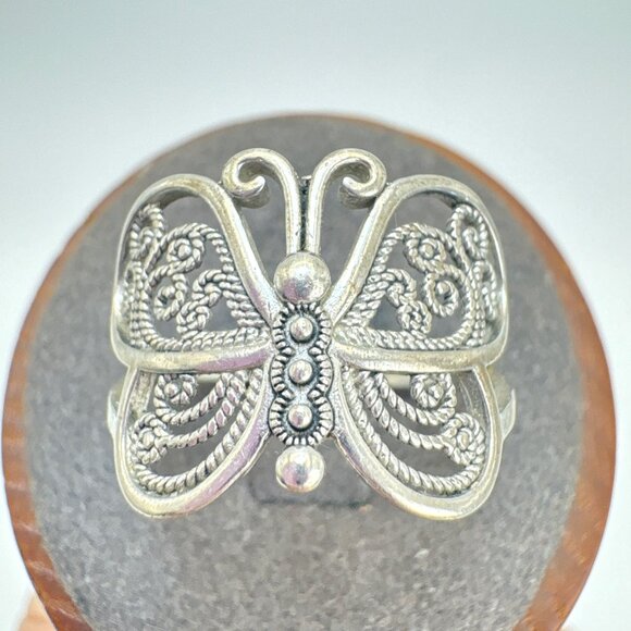 VTG Sterling Silver 925 Butterfly Filigree Design Statement RIng Size 9 - Picture 7 of 12